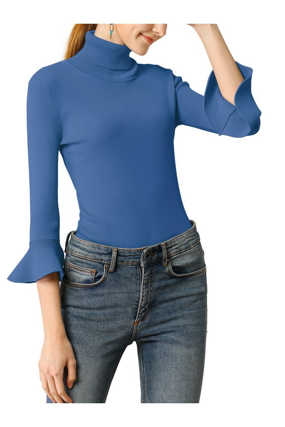 Women's Turtle Neck 3/4 Ruffle Sleeves Pullover Slim Rib Knit Sweater S Blue