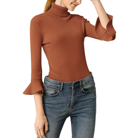 INSPIRE CHIC Women's Turtle Neck 3/4 Ruffle Sleeves Pullover Slim Rib Knit Sweater S Caramel
