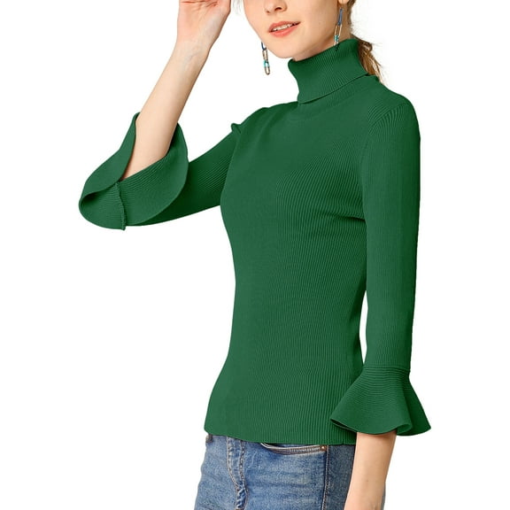 INSPIRE CHIC Women's Turtle Neck 3/4 Ruffle Sleeves Pullover Slim Rib Knit Sweater XL Green