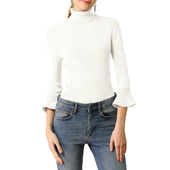INSPIRE CHIC Women's Turtle Neck 3/4 Ruffle Sleeves Pullover Slim Rib Knit Sweater XL White