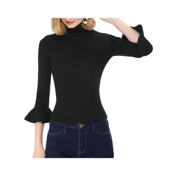 INSPIRE CHIC Women's Turtle Neck 3/4 Ruffle Sleeves Pullover Slim Rib Knit Sweater XS Black
