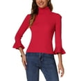 thumbnail image 1 of INSPIRE CHIC Women's Turtle Neck 3/4 Ruffle Sleeves Pullover Slim Rib Knit Sweater XS Deep Red, 1 of 5