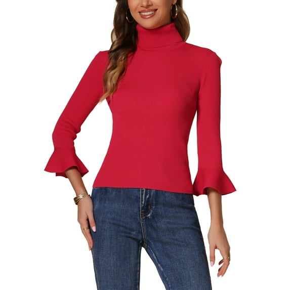 INSPIRE CHIC Women's Turtle Neck 3/4 Ruffle Sleeves Pullover Slim Rib Knit Sweater XS Deep Red