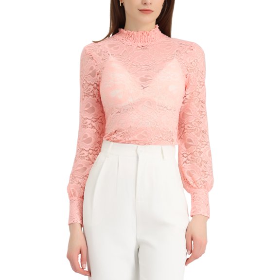 INSPIRE CHIC Women's Turtleneck Long Sleeve Mesh Semi Sheer Lace Floral Blouse