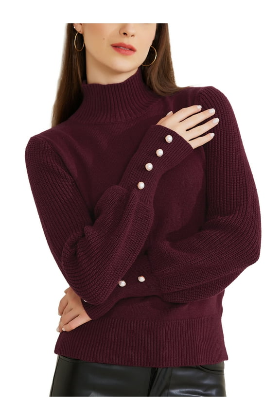 Women's Top Ribbed Long Sleeve Turtleneck Stretch Pullover Knit Sweater S Burgundy