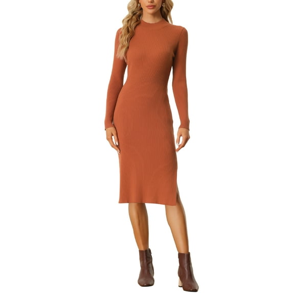 INSPIRE CHIC Women's Turtleneck Sweater Dress Long Sleeves Slit Bodycon Midi Ribbed Knit Dress Orange S