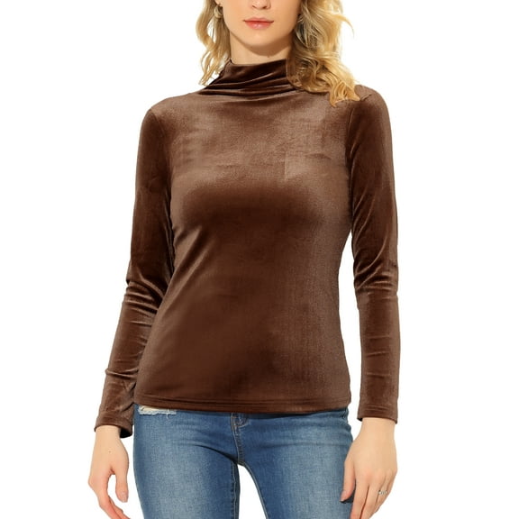 INSPIRE CHIC Valentine's Day Women's Top Long Sleeve Mock Neck Turtleneck Stretchy Velvet Blouse L Caramel