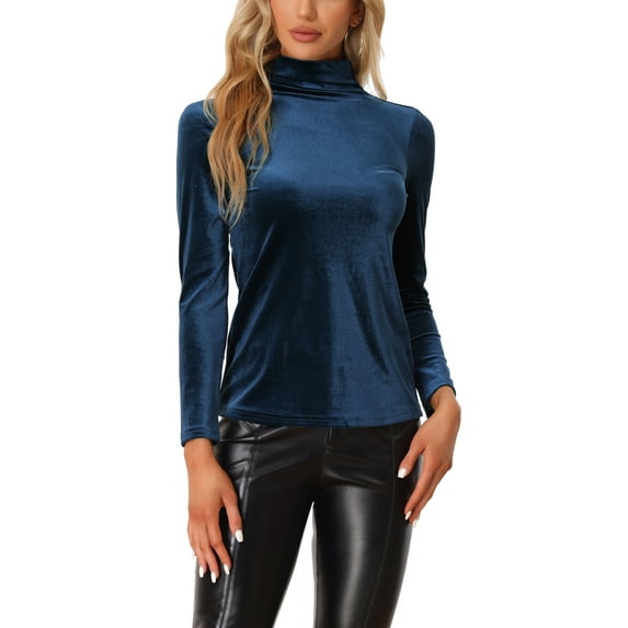 INSPIRE CHIC Valentine's Day Women's Top Long Sleeve Mock Neck Turtleneck Stretchy Velvet Blouse L Dark Blue