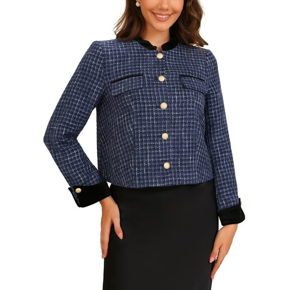 INSPIRE CHIC Women's Tweed Button Up Stand Collar Long Sleeve Casual Jacket Coat