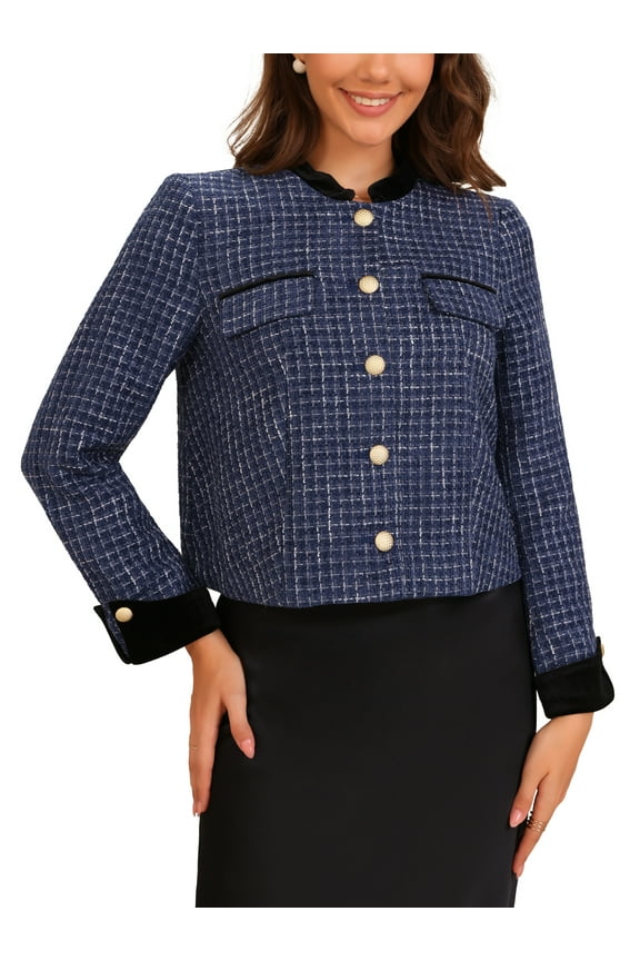 Women's Tweed Button Up Stand Collar Long Sleeve Casual Jacket Coat M Blue