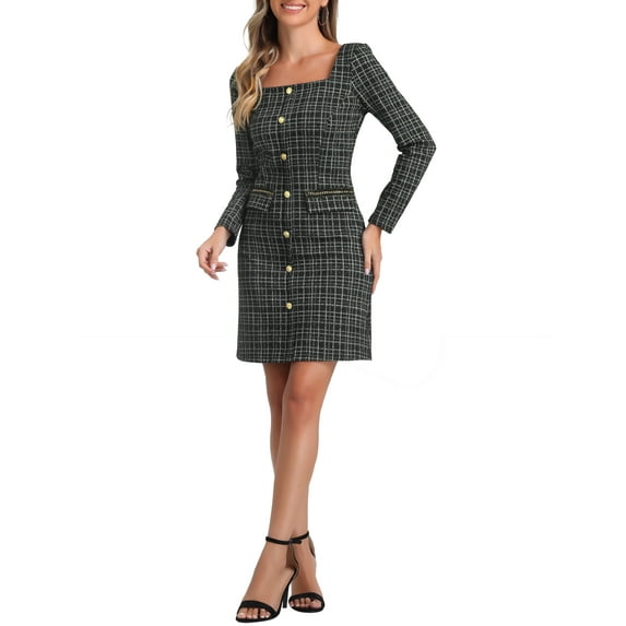 INSPIRE CHIC Women's Tweed Dress Long Sleeves Square Neckline Knee Length Dresses M Black
