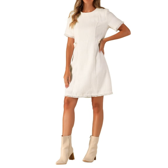 INSPIRE CHIC Women's Tweed Dress Round Neck Short Sleeves Work Elegant Knee Length Dresses S White