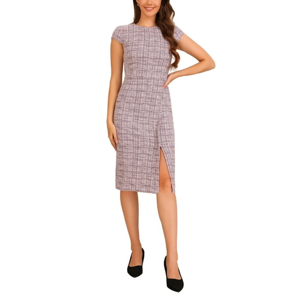 INSPIRE CHIC Women's Tweed Elegant Dress Crew Neck Cap Sleeve Vintage Bodycon Midi Dresses L Pink