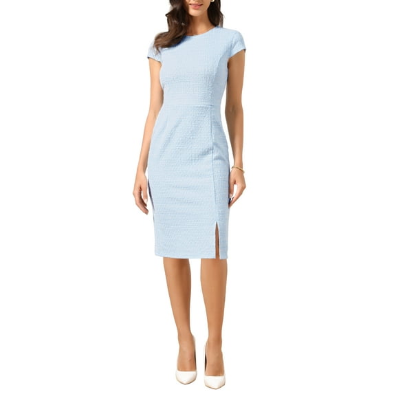 INSPIRE CHIC Women's Tweed Elegant Dress Crew Neck Cap Sleeve Vintage Bodycon Midi Dresses XL Light Blue