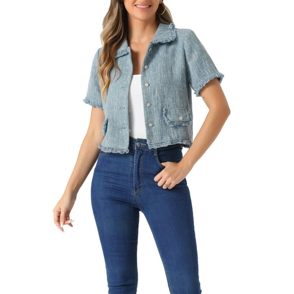 INSPIRE CHIC Women's Tweed Shirt with Tassel Cropped Length Spring Short Sleeve Shirt XS Blue