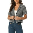 thumbnail image 1 of INSPIRE CHIC Women's Tweed Shirt with Tassel Cropped Length Spring Short Sleeve Shirt XS Black, 1 of 6