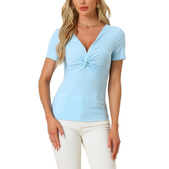 INSPIRE CHIC Women's Twist Front Blouse Short Sleeve V Neck Casual Top Sky Blue S