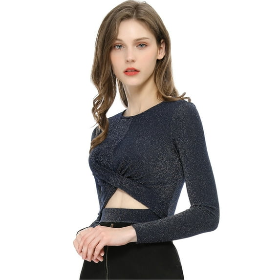 INSPIRE CHIC Women's Glitter Top Twist Fitted Long Sleeve Cutout Party Cropped Sparkly Tops XL Dark Blue