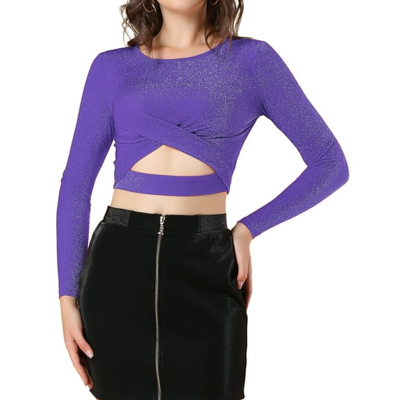 INSPIRE CHIC Women's Glitter Top Twist Fitted Long Sleeve Cutout Party Cropped Sparkly Tops S Purple