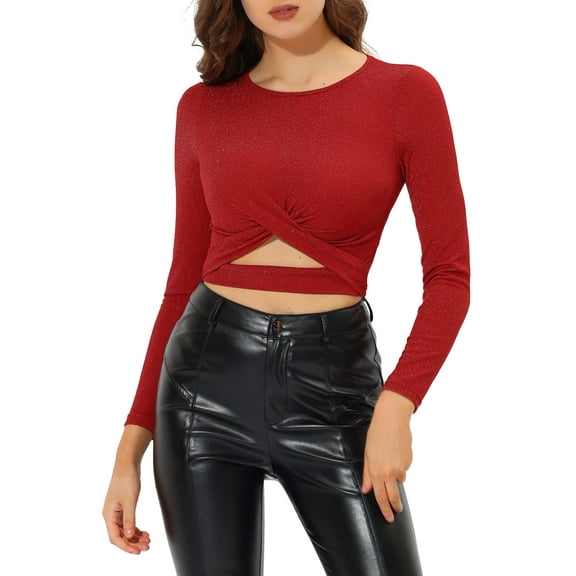 INSPIRE CHIC Women's Glitter Top Twist Fitted Long Sleeve Cutout Party Cropped Sparkly Tops L Red