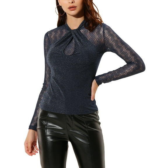 INSPIRE CHIC Women's Party Tops Twist Neckline Sheer Mesh Long Sleeve Glitter Blouse Dark Blue S