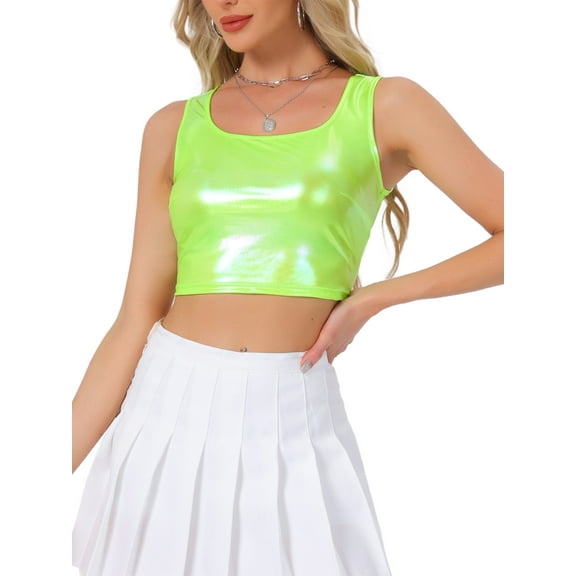 INSPIRE CHIC Women's Sleeveless Top U Neck Party Clubwear Holographic Shiny Metallic Crop Top L Shiny Yellow