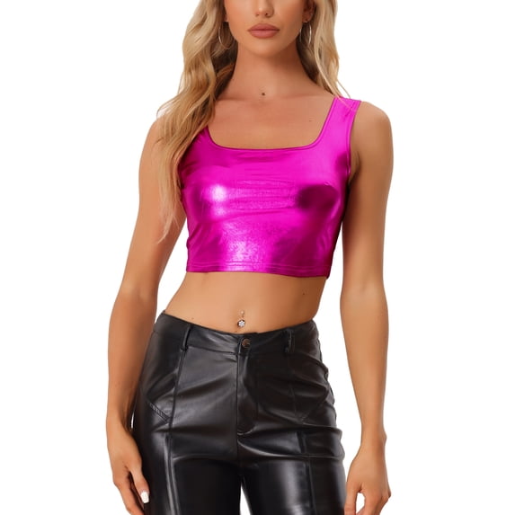 INSPIRE CHIC Women's Sleeveless Top U Neck Party Clubwear Holographic Shiny Metallic Crop Top M Hot Pink