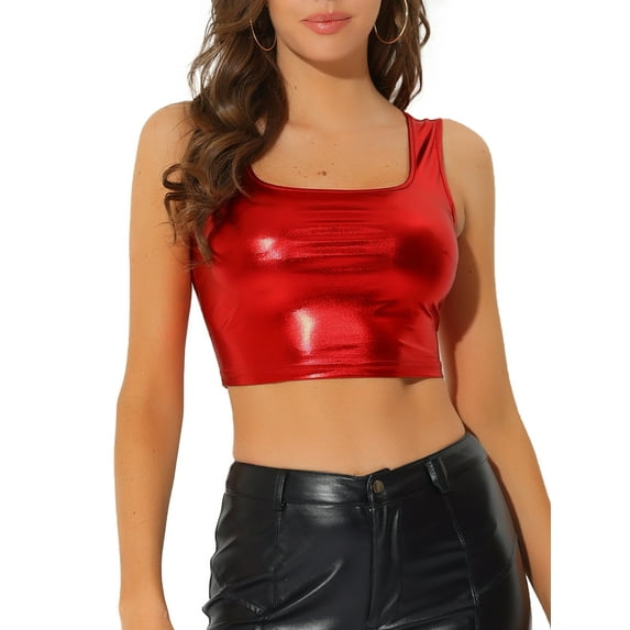 INSPIRE CHIC Women's Sleeveless Top U Neck Party Clubwear Holographic Shiny Metallic Crop Top M Red