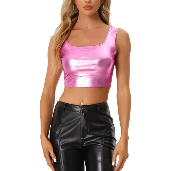 INSPIRE CHIC Women's Sleeveless Top U Neck Party Clubwear Holographic Shiny Metallic Crop Top XL Pink