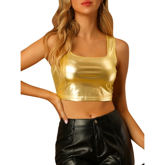 INSPIRE CHIC Women's Sleeveless Top U Neck Party Clubwear Holographic Shiny Metallic Crop Top XS Gold