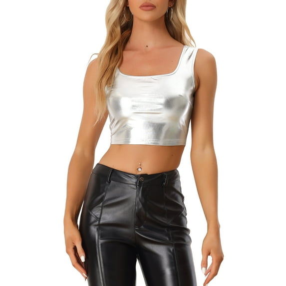 INSPIRE CHIC Women's Sleeveless Top U Neck Party Clubwear Holographic Shiny Metallic Crop Top XS Silver