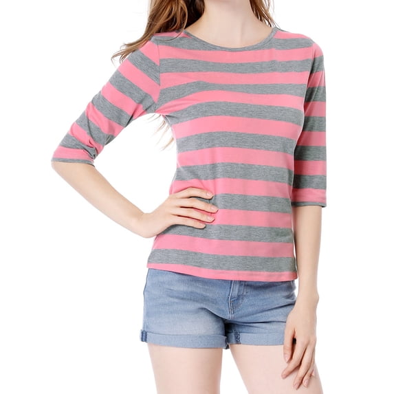 INSPIRE CHIC Women's Shirt Unlined Round Neck Elbow Sleeves Slim Fit Casual T-Shirt 2XL Pink