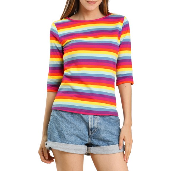 INSPIRE CHIC Women's Shirt Unlined Round Neck Elbow Sleeves Slim Fit Casual T-Shirt 3XL Multicolor