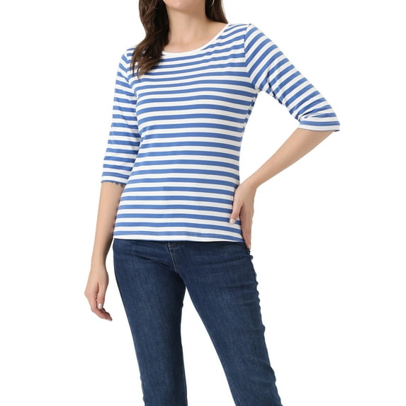 INSPIRE CHIC Women's Shirt Unlined Round Neck Elbow Sleeves Slim Fit Casual T-Shirt L Blue White