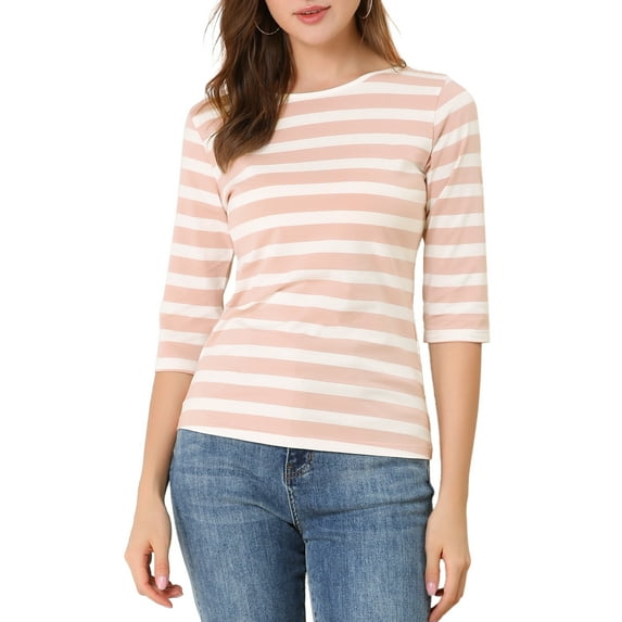 INSPIRE CHIC Women's Shirt Unlined Round Neck Elbow Sleeves Slim Fit Casual T-Shirt M Pink White