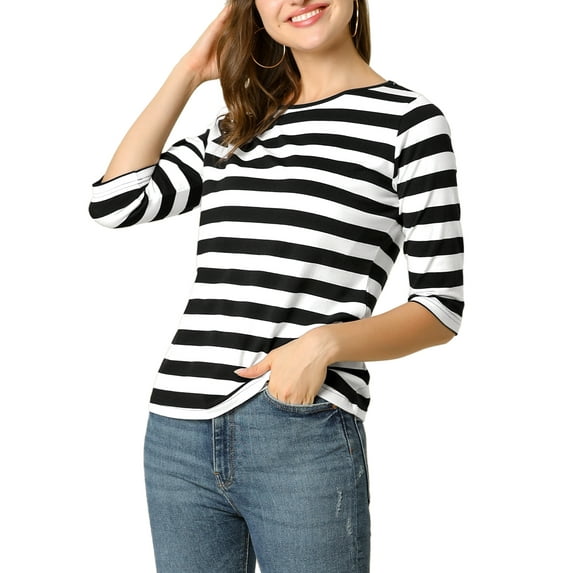 INSPIRE CHIC Women's Shirt Unlined Round Neck Elbow Sleeves Slim Fit Casual T-Shirt S Black White