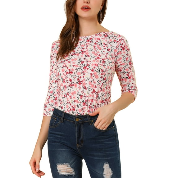 INSPIRE CHIC Women's Shirt Unlined Round Neck Elbow Sleeves Slim Fit Casual T-Shirt S White-Floral