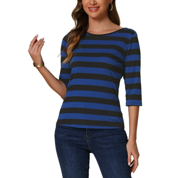 INSPIRE CHIC Women's Shirt Unlined Round Neck Elbow Sleeves Slim Fit Casual T-Shirt XL Dark Blue