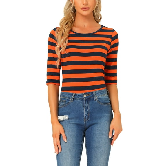 INSPIRE CHIC Women's Shirt Unlined Round Neck Elbow Sleeves Slim Fit Casual T-Shirt XL Orange Navy Blue