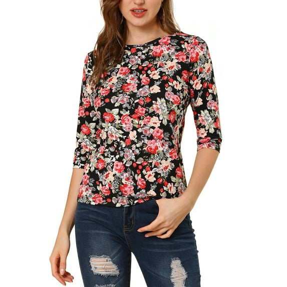INSPIRE CHIC Women's Shirt Unlined Round Neck Elbow Sleeves Slim Fit Casual T-Shirt XS Black-Floral