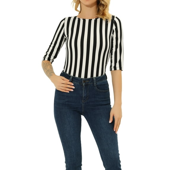 INSPIRE CHIC Women's Shirt Unlined Round Neck Elbow Sleeves Slim Fit Casual T-Shirt XS Black-Vertical Stripe