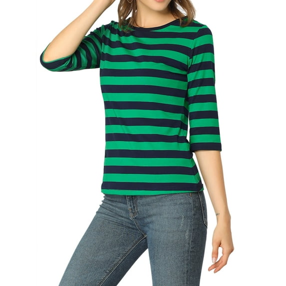 INSPIRE CHIC Women's Shirt Unlined Round Neck Elbow Sleeves Slim Fit Casual T-Shirt XS Green Dark Blue