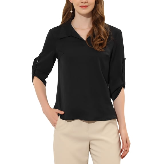 INSPIRE CHIC Women's V Neck 3/4 Rolled Sleeves Solid Elegant Work Office Blouse Black XS