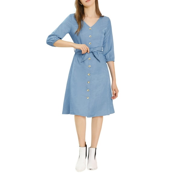INSPIRE CHIC Women's V Neck 3/4 Sleeve Shirt Dress with Belt L Blue