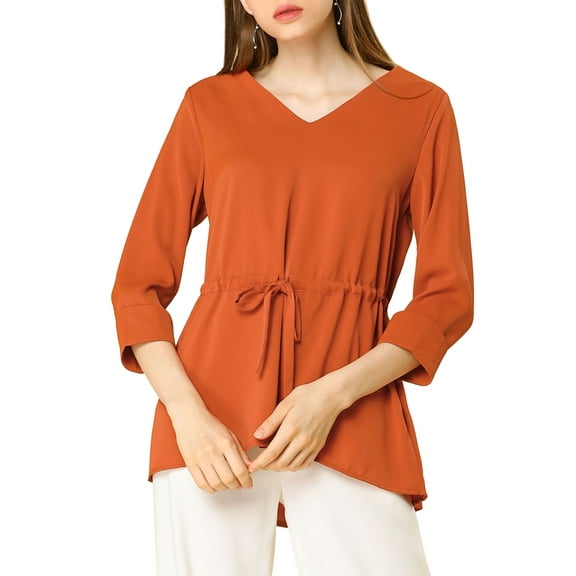 INSPIRE CHIC Women's V Neck 3/4 Sleeves Drawstring Waist Peplum Chiffon Blouse Orange S