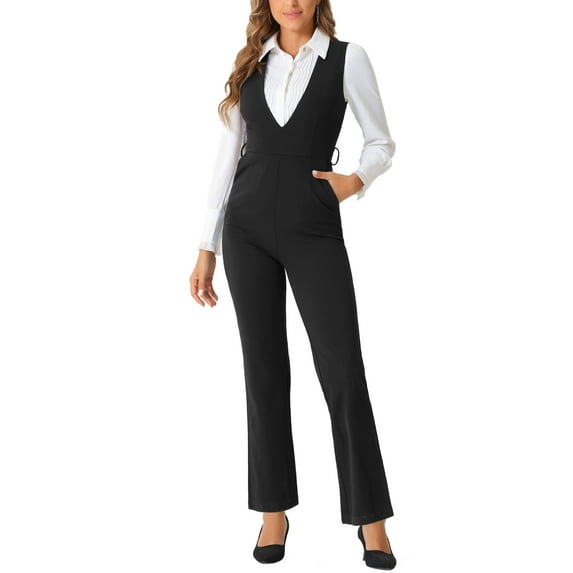 INSPIRE CHIC Women's V Neck Belted Sleeveless Straight Leg Elegant Suspenders Jumpsuit S Black