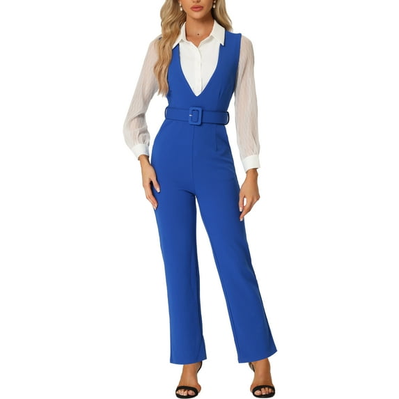 INSPIRE CHIC Women's V Neck Belted Sleeveless Straight Leg Elegant Suspenders Jumpsuit XL Royal Blue