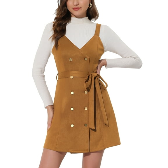 INSPIRE CHIC Women's V Neck Button Up Belted Overall Faux Suede Dress Brown XS