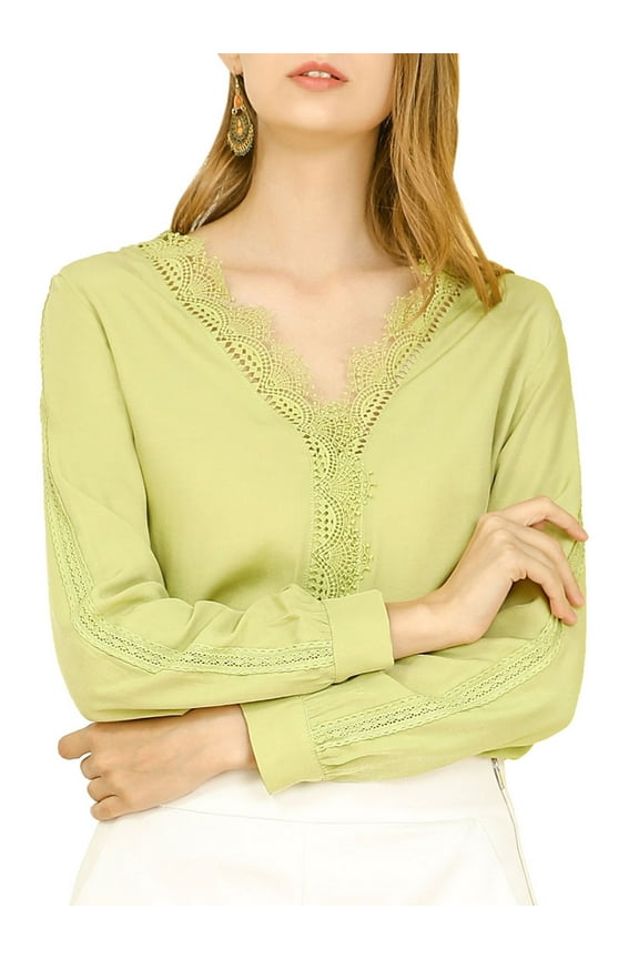 Women's V Neck Casual Blouse Top Sweet Patchwork Crochet Lace Shirt S Green