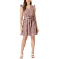 thumbnail image 1 of INSPIRE CHIC Women's V Neck Check Ruffled Sleeve Belted Plaids Mini Dress XL Wine Red, 1 of 5